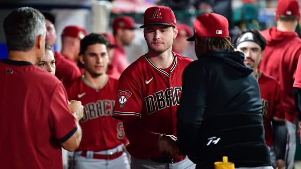 Ryne Nelson greeted in dugout in Anaheim on July 1st, 2023